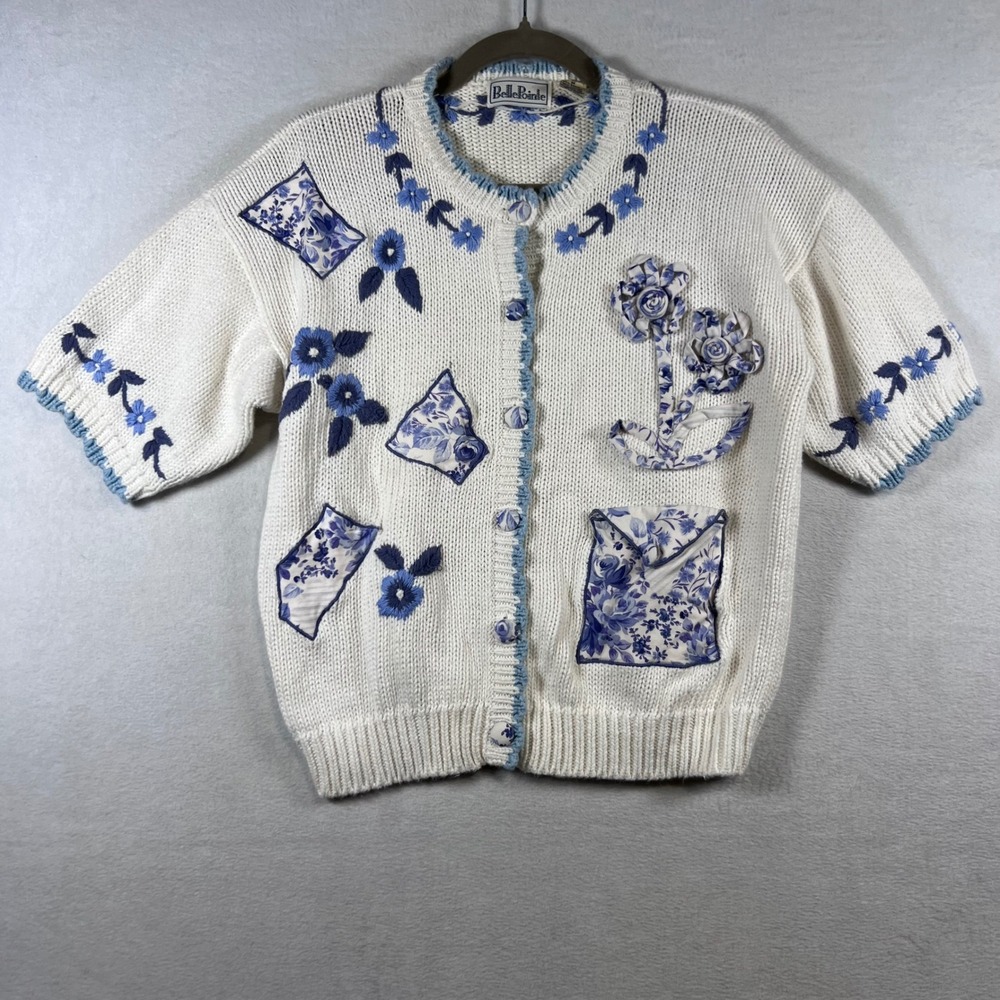BellePointe Vintage Blue Floral 3D Applique Cardigan Sweater Short Sleeve M